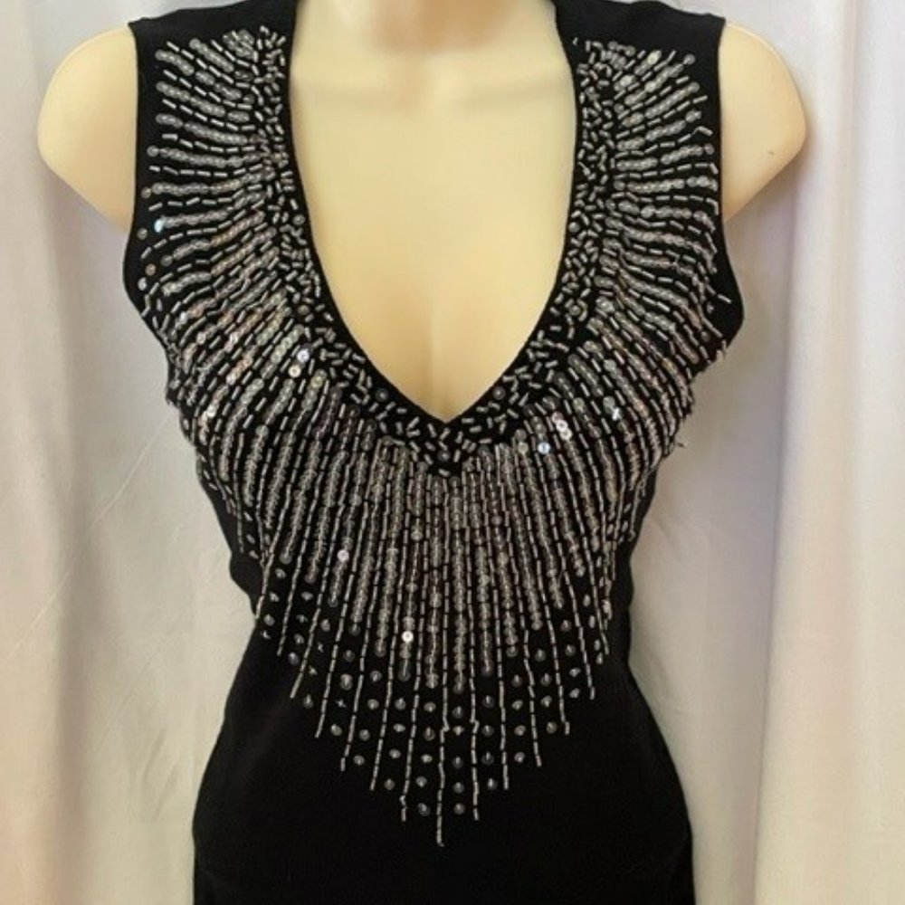 CACHE Plunge Silver Beaded and Sequin Black knit Top blouse medium